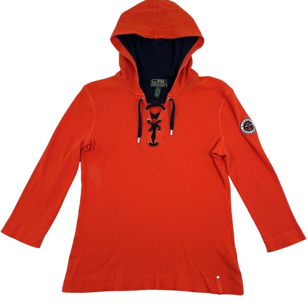 Ralph Lauren L-RL Lauren Active Waffle Knit Hooded Lace Up Top Orange Nautical